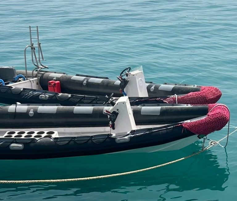 Zwei schwarze Schlauchboote mit pinken Auflagen auf klarem Wasser festgemacht.