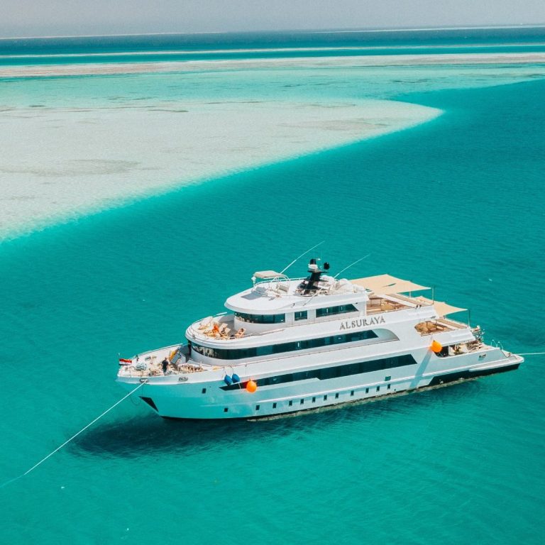 Luxusyacht in türkisfarbenem Wasser vor einer sandigen Küste.