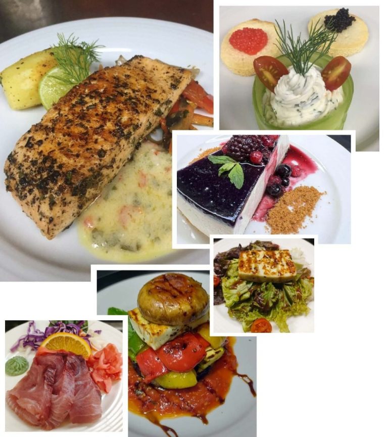 Vielfältige, ansprechend angerichtete Gerichte mit Fisch, Fleisch, Gemüse und Desserts.